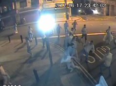 A wedding reception devolves into a violent street brawl, with one man knocked out