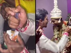 Friends trick the bride and groom into drinking a bourbon-infused cocktail on stage in this viral video.