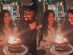 As Vicky Kaushal cuts the cake, Katrina Kaif sings “Happy Birthday.”