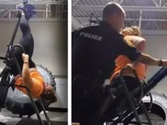 At three in the morning, a woman becomes trapped upside down in gym equipment and contacts the police to request assistance