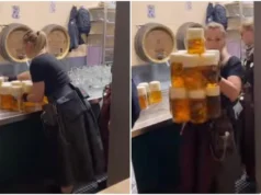 Simultaneously, the waitress takes care of over 12 beer cups. Over 11 million people have viewed a viral video.