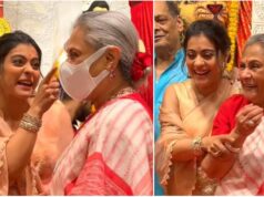 Kajol returns to the Durga Puja pandal with her humorous antics and reminds Jaya Bachchan, “mask utarna padega.”