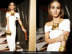 Natasha Poonawala walks the Cannes Film Festival in an off-shoulder gown.