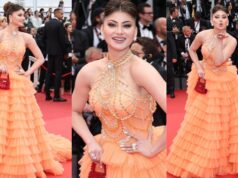 Cannes Film Festival 2023 : Urvashi Rautela Shines at Cannes Film Festival Day 2 in Sequined Frill Orange Gown