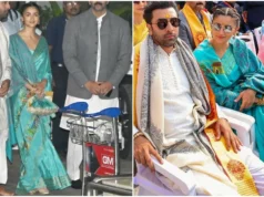 Alia Bhatt wears a Ramayan inspired saree at the Ayodhya Ram Mandir celebrations.